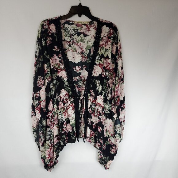 Liberty Love Tops - Libery Love Black/Pink Floral Print Tie Front Lace Edge Wmns Sz XL Kimono Blouse